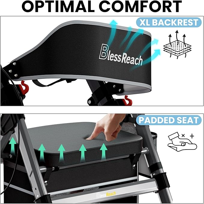 Foldable Rollator Walkers with Seat for Seniors, 450 lb Capacity, 8'' Wheels, 18" Big Seat, 6-Position Height, Heavy-Duty Aluminum Rolling Walker (Gray)