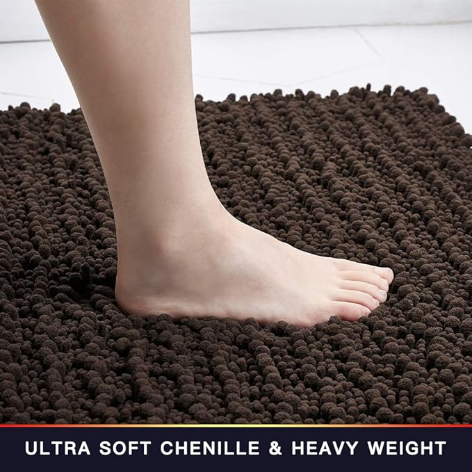 Walensee Bathroom Rug Non Slip Bath Mat (32x20 Inch Brown) Water Absorbent Super Soft Shaggy Chenille Machine Washable Dry Extra Thick Perfect Absorbant Best Large Plush Carpet for Shower Floor