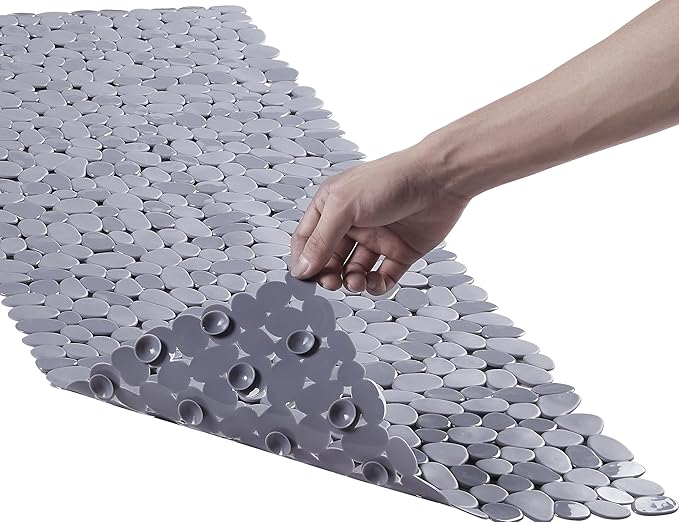 Bath Shower Mat Non Slip: Extra Large Pebble Bathtub mat for Families, Anti Slip Shower Matt with Drain Holes Suction Cups Tub Mat - 16 X 40 Inch Grey