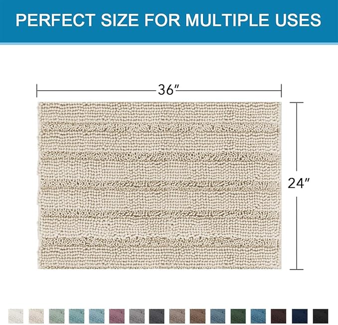 H.VERSAILTEX Bath Mats for Bathroom Non Slip Thick Chenille Striped Bath Rug Absorbent Fluffy Soft Shaggy Rugs Washable Dry Fast Plush Mats for Indoor, Bath Room, Tub - 24" x 36", Fog
