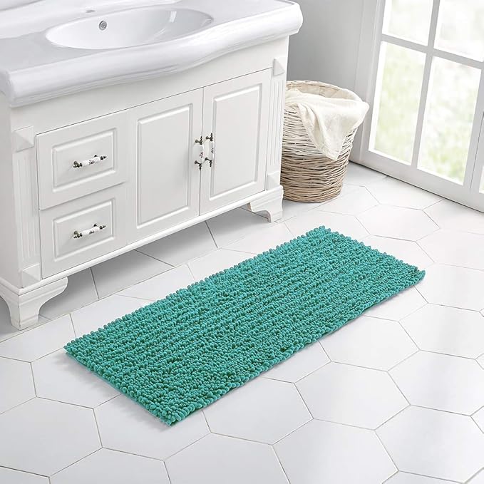 Walensee Bathroom Rug Non Slip Bath Mat (44x24 Inch Turquoise) Water Absorbent Super Soft Shaggy Chenille Machine Washable Dry Extra Thick Perfect Absorbant Best Large Plush Carpet for Shower Floor