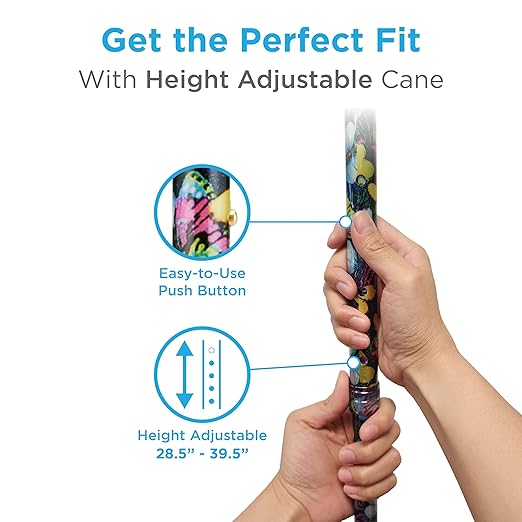 Nova Joy Designer Offset Quad Cane for Seniors - Unisex Adjustable Lightweight Walking Aid with Foam Handle, Wrist Strap and Anti-Rattle Lock - Essential Mobility Support - Butterfly