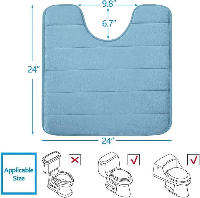 Buganda Memory Foam U-Shaped Contour Toilet Rugs, Non Slip Absorbent, Thick Soft Washable Bathroom Mat, Floor Carpet Bath Rugs Mat for Toilet Base (24" x 24", Blue)