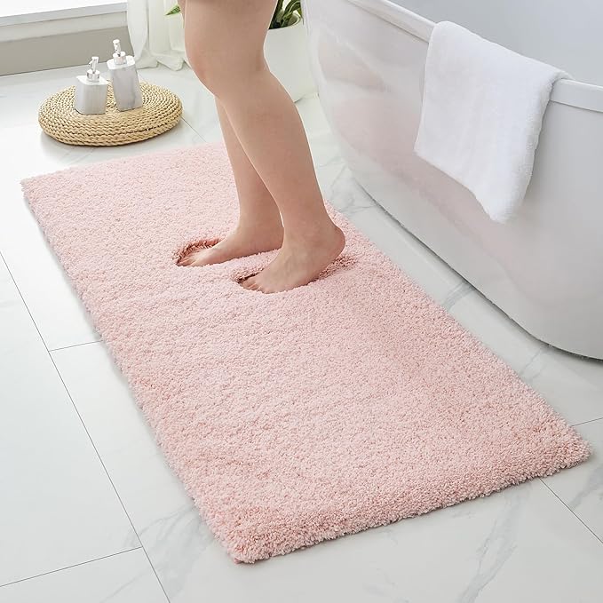 Pink Bathroom Runner Rug 24x70 Non Slip Fluffy Long Bath Mat for Bathroom Floor Washable Plush Luxury Bath Rug for Tub Absorbent Shower Sink Mat Bedside Rug