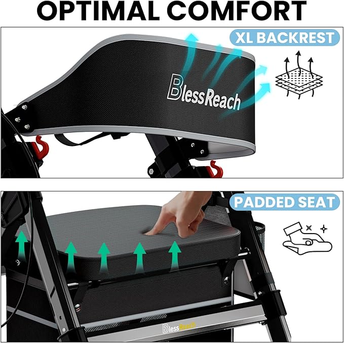 Foldable Rollator Walkers with Seat for Seniors, 450 lb Capacity, 8'' Wheels, 18" Big Seat, 6-Position Height, Heavy-Duty Aluminum Rolling Walker (Black)