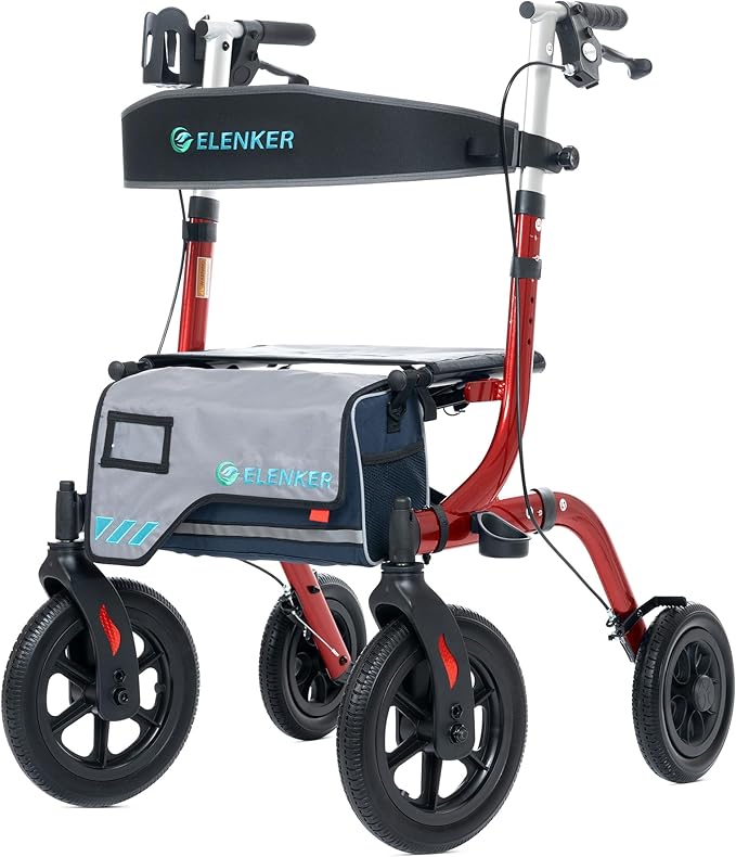 ELENKER All-Terrain Rollator Walker with Seat, Outdoor Rolling Walker, 12” Non-Pneumatic Tire Front Wheels, Compact Folding Design for Seniors, Red