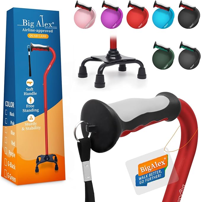 BigAlex Quad Cane, Foldable Adjustable Walking Cane for Men & Women with Stable 4-Pronged Base for Extra Stability & Balance, Heavy Duty, Lightweight, Soft Offset Handle Stick for Seniors & Elderly