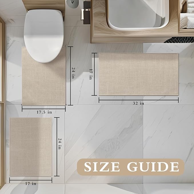 YIHOUSE Beige Bathroom Rug Set, 3 Piece - Absorbent Non Slip Bath Mat, Quick Dry, Thin Bath Rug for Toilet and Floor