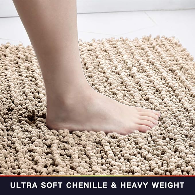 Walensee Bathroom Rug Non Slip Bath Mat (32x20 Inch Beige) Water Absorbent Super Soft Shaggy Chenille Machine Washable Dry Extra Thick Perfect Absorbant Best Large Plush Carpet for Shower Floor