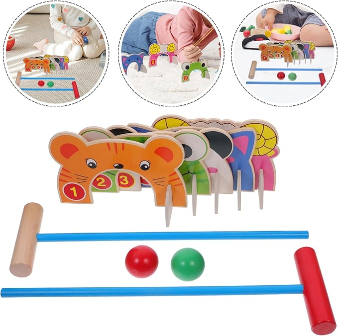 DECHOUS Croquet Sets for Kids: Jungle Animal Wooden Croquet Game Set Outdoor Indoor Parent-Child Interactive Preschool Toy for Children Adults Assorted Color