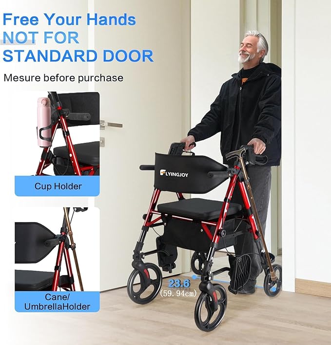 Foldable Rollator Walker with Seat for Seniors & Adults Lightweight 2-in-1 Walker and Wheelchair Combo Adjustable Handle Height and Seat Transport Chair with Brakes 300 lbs Weight Capacity