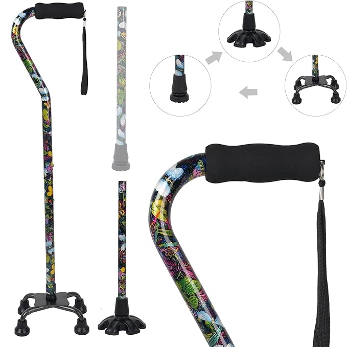Walking Cane for Women & Men, Adjustable Quad Cane with 4-Prong Base for Stability and Balance, Folding Aluminum Walking Stick for Seniors
