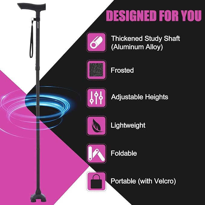 Walking Canes for Tall Men Women 6 ft 1 in and Above. Foldable; Adjustable; Comfortable Grip and Sturdy Base Extra Long Cane Easy to Travel (Plus&Black)