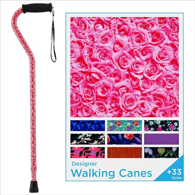Nova Joy Designer Offset Walking Cane for Seniors - Unisex Adjustable Lightweight Aid with Foam Handle, Wrist Strap and Anti-Rattle Lock - Essential Mobility Support - Roses