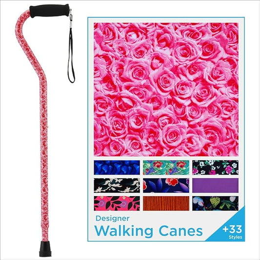 Nova Joy Designer Offset Walking Cane for Seniors - Unisex Adjustable Lightweight Aid with Foam Handle, Wrist Strap and Anti-Rattle Lock - Essential Mobility Support - Roses