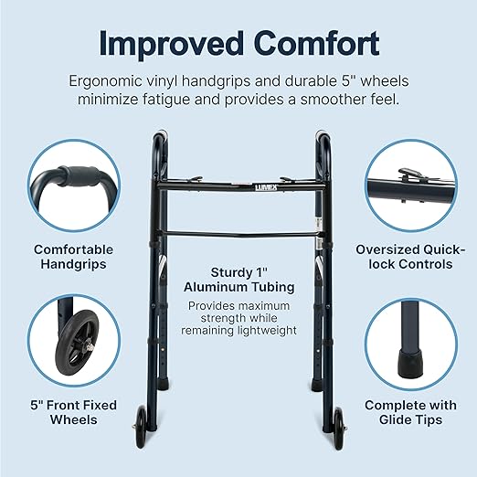 Lumex ColorSelect Walkers for Seniors, Rolling & Folding Adult Walker with Wheels, Black