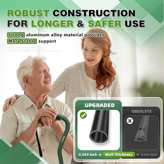BigAlex Quad Cane, Foldable Adjustable Walking Cane for Men & Women with Stable 4-Pronged Base for Extra Stability & Balance, Heavy Duty, Lightweight, Soft Offset Handle Stick for Seniors & Elderly