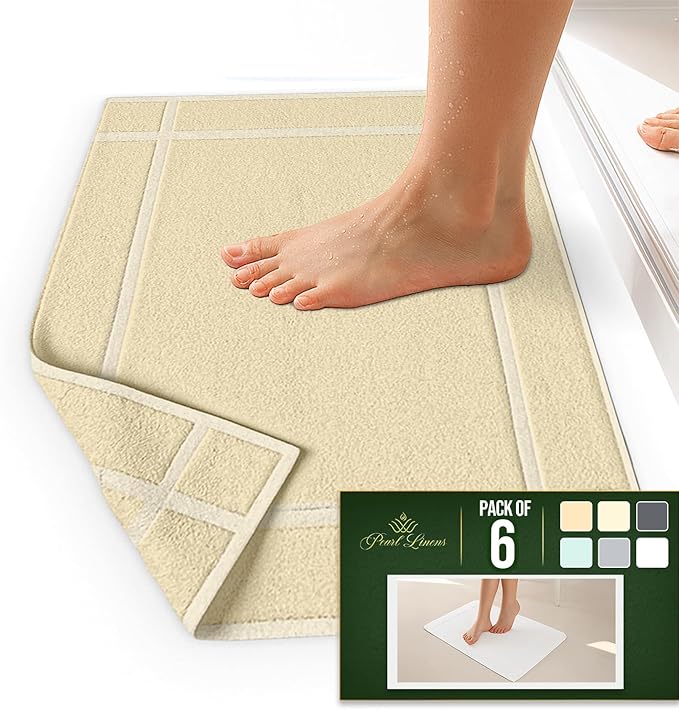 Pearl Linens Pack of 6 100% Cotton Bath Mat 18x25 inches, Soft & Absorbent Quick Dry Bathroom Mat Set, Not Bathroom Rugs, After Shower Mat, Bath Tub Mat, 687 GSM, Machine Washable, Beige