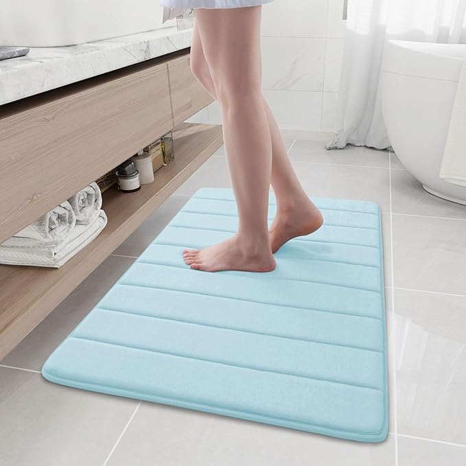 Buganda Memory Foam Bath Mat, 35.4" x 24", Ultra Soft and Non-Slip Bathroom Rugs, Water Absorbent and Machine Washable Bath Rug Runner for Bathroom, Shower, and Tub, Light Blue