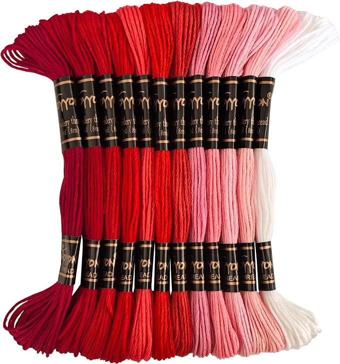 12 Skeins Embroidery Thread, 12 Colors Embroidery Floss Set, Cross-Stitch Threads for Hand Embroidery, String Art（Red Series）