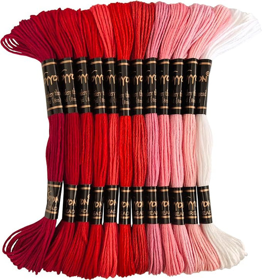 12 Skeins Embroidery Thread, 12 Colors Embroidery Floss Set, Cross-Stitch Threads for Hand Embroidery, String Art（Red Series）