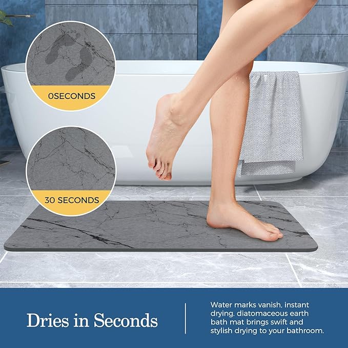 Stone Bath Mat Quick Dry Bath Stone Mat for Bathroom Floor Diatomaceous Earth Diatomite -Super Absorbent,Natural, Easy to Clean Grey