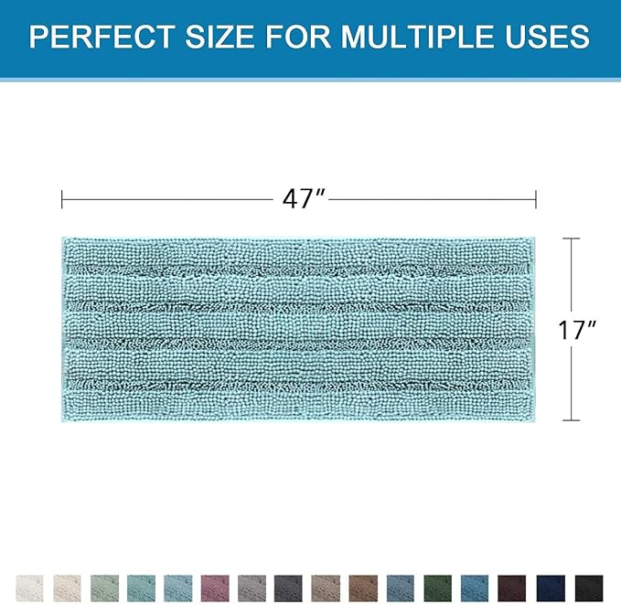 H.VERSAILTEX Bath Rugs for Bathroom Non Slip Bath Mats Extra Thick Chenille Striped Bath Rug Runners 47" x 17" Absorbent Fluffy Soft Shaggy Mats Dry Fast Plush Area Carpet for Bath Room - Aqua Haze