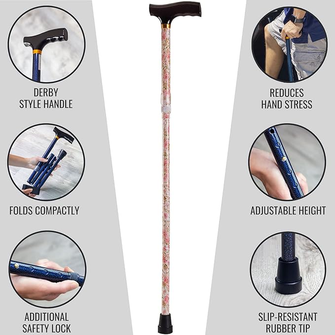 DMI Sports Walking Cane or Stick, Foldable Cane for Men, Women, Seniors and Handicapped Adjusts from 33-37" in 1 inch increments with Ergonomic Wood Handle,Supports up to 250 Pounds