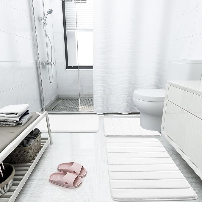 Buganda Memory Foam Bath Mat, 47" x 20", Ultra Soft and Non-Slip Bathroom Rugs, Water Absorbent and Machine Washable Bath Rug Runner for Bathroom, Shower, and Tub, White