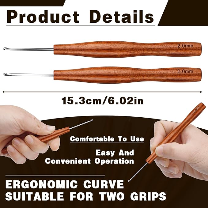 Nitlak 2Pcs 2mm Crochet Hook, Available in 1.5mm-6.0mm, Aluminum Ergonomic Crochet Hook with Wooden Handle for Arthritic Hands, Beginners, Crochet Needles for Knitting
