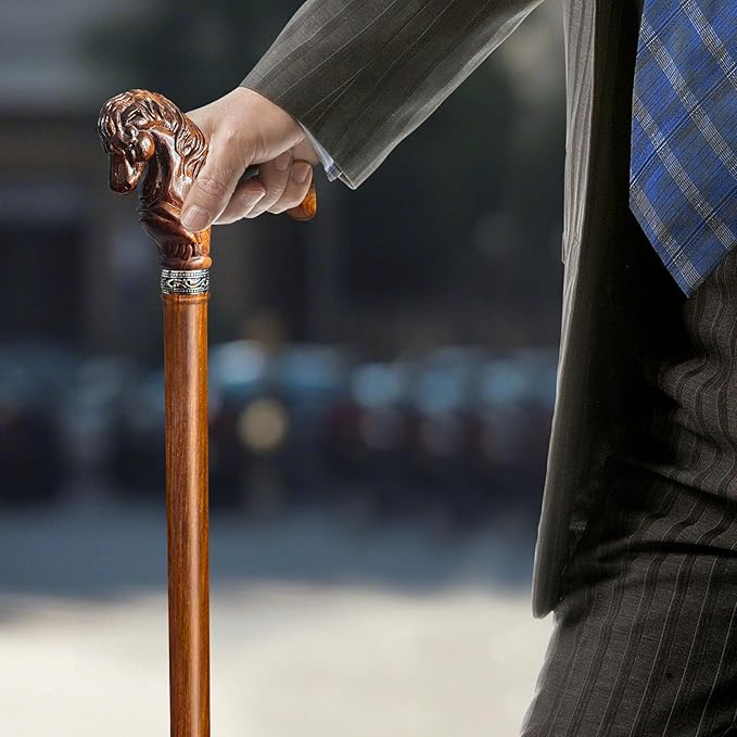Wood Walking Cane, Elegant Hand-Carved Horse Head Wooden Walking Cane for Men and Women, Handmade Stylish Canes for Seniors, Light Stable High-end Canes Suitable for Gift Giving