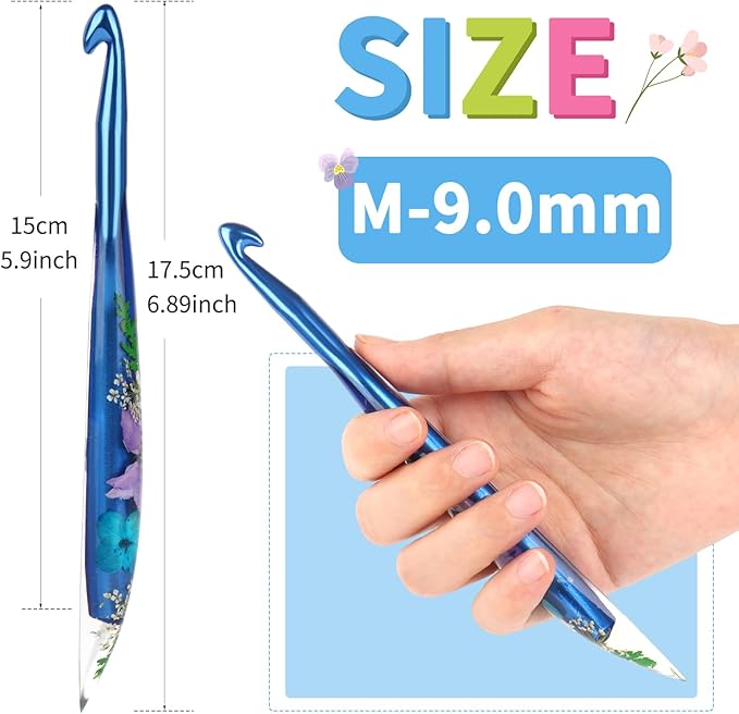 Coopay Crochet Hooks, 9mm Crochet Hook Ergonomic, See-Through Resin Handle with Flowers Inside, Pretty & Pleasant, Ideal for Crocheting Blankets, Dolls, Shawls, Hats, Scarves (M-9.0mm)