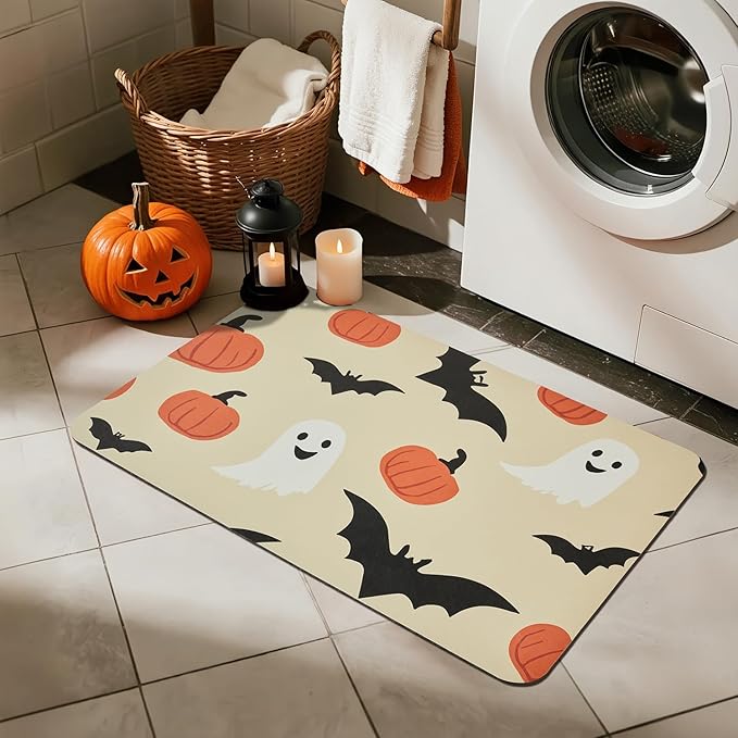 Halloween Bath Mat, Thin Bathroom Rug Non Slip Quick Dry Pumpkin Bath Mat Fits Under Door Thin Floor Mat Halloween Decor, 24''x36'', Pumpkins Bats and Ghost