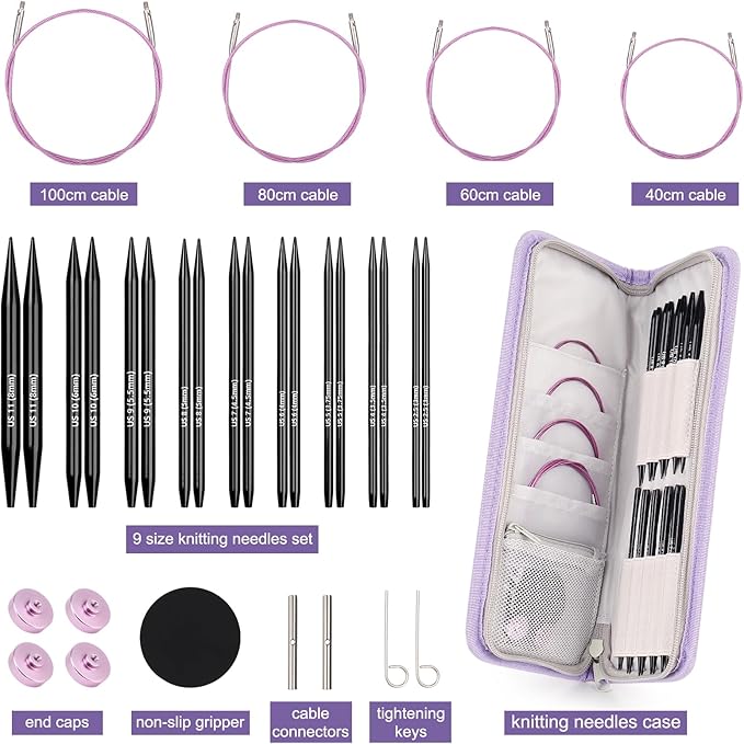 Katech Interchangeable Knitting Needles Set- 9 Pairs Circular Knitting Needles Size 2.5, 4, 5, 6, 7, 8, 9, 10,11, Round Knittings Needle with Cable and Case Accessories for Sweater Sock, Blanket