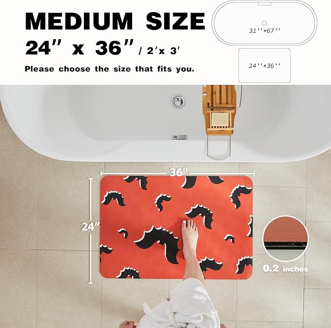 Halloween Bath Mat, Thin Halloween Bathroom Rug Non Slip Quick Dry Bat Bath Mat Fits Under Door Thin Floor Mat Halloween Decor, 24''x36'', Gothic Bats Orange