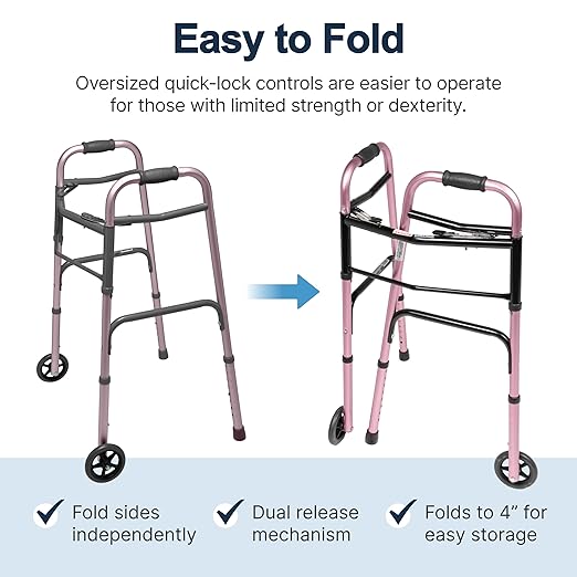 Lumex ColorSelect Walkers for Seniors, Rolling & Folding Adult Walker with Wheels, Pink