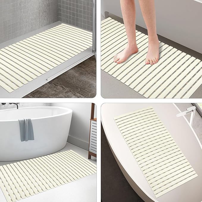 MBOSS Bath Tub Shower Mat Non Slip Bathtub Mats for Bathroom Shower Floor Mat Bath Mats for Shower Tub Anti Slip Shower Mat with Drain Hole and Large Suction Cups (Ivory White, 37.5 X 15.7 Inch)