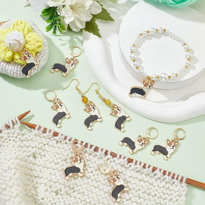 NBEADS 24 Pcs Dog Charms, Black Corgi Alloy Enamel Crochet Stitch Markers with Removable Locking Clasp for Sewing Accessories & Jewelry Making