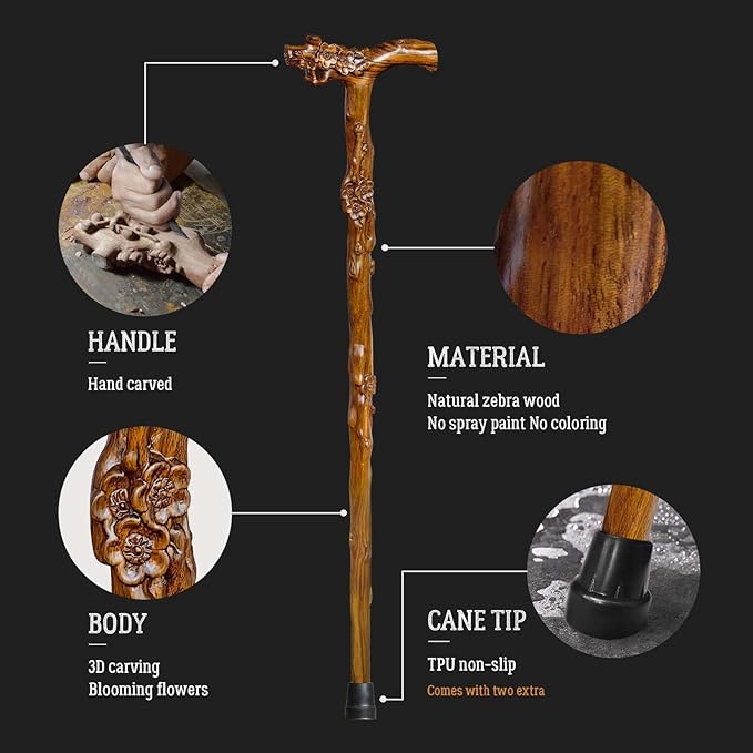 Wooden Walking Cane, Hand-Carved Wood Walking Cane for Men and Women, with Massage Function Support up to 500lbs, High-end Canes for Seniors Suitable for Gift Giving