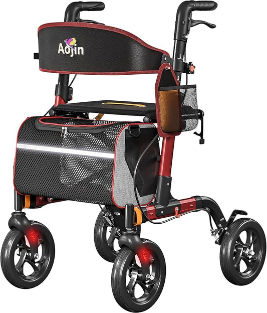 Walkers for Seniors, Rollator Walker with Seat, 350 lb Weight Capacity, 18" Big Seat, 8" All-Terrain Wheels, 6-Level Adjustable Height, Lightweight Aluminum Frame Rollator Walkers for Seniors (Red)