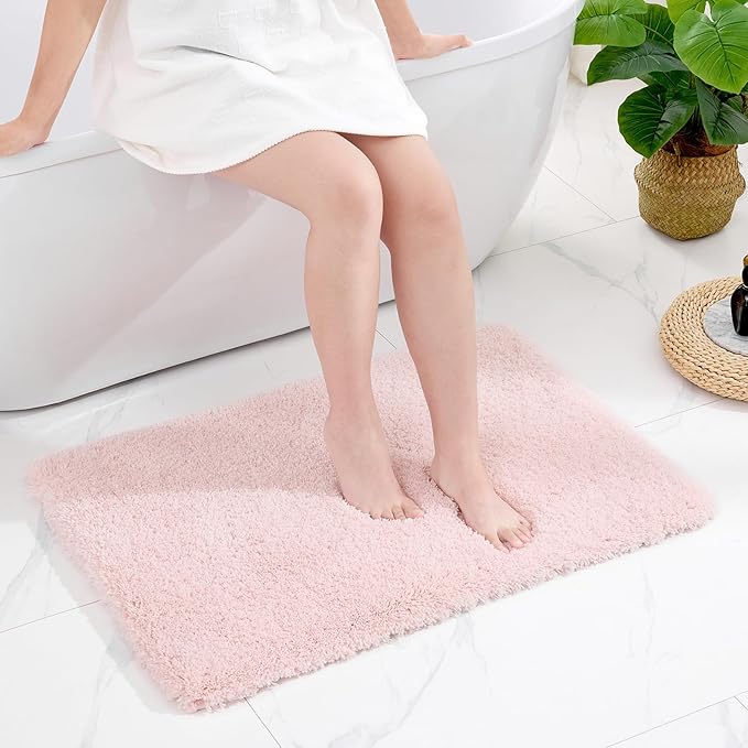Small Bathroom Rug 17x24 Non Slip Pink Fluffy Bath Mat for Bathroom Floor Washable Plush Luxury Bath Rug for Tub Soft Shaggy Absorbent Shower Mat