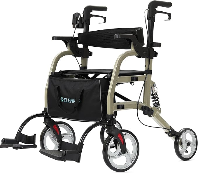 ELENKER 2 in 1 Rollator Walker & Transport Chair for Seniors, Folding Rolling Walker Wheelchair Combo with Wide Seat and Shock Absorber, Champagne