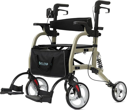 ELENKER 2 in 1 Rollator Walker & Transport Chair for Seniors, Folding Rolling Walker Wheelchair Combo with Wide Seat and Shock Absorber, Champagne