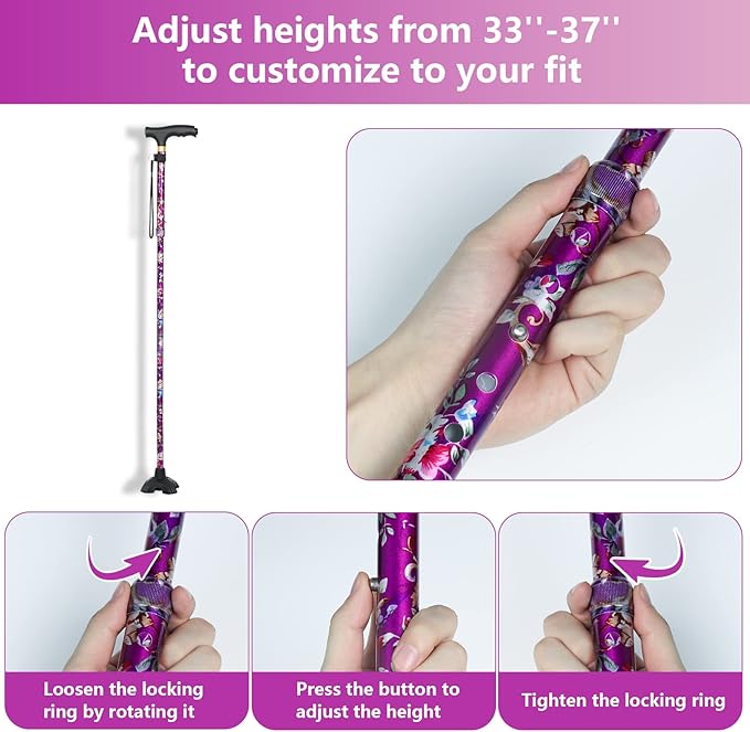 Walking Cane with LED Light, Foldable,Adjustable, Self Standing Walking Canes for Men & Women,Walking Sticks with Quad Base for Seniors & Adults