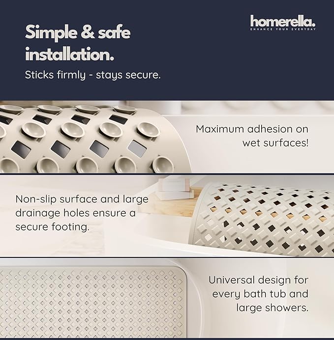 homerella® Bathtub Mat Non Slip 35x16, Incl. Hooks for Drying, Extra Long, 100% BPA Free, Shower Mat Non Slip Anti Mold, Machine Washable, Shower Mats for Inside Shower Mildew Resistant