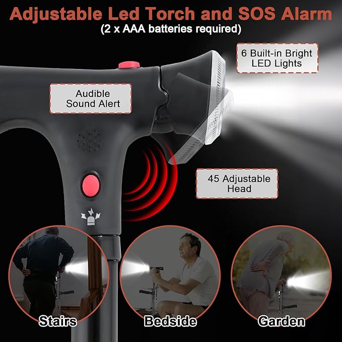 Walking Cane with LED Light & Alarm, Adjustable Smart Walking Cane with Side Handle Quad Base, Foldable Free Standing Walking Stick, Mobility Aid Provides Balance for Arthritis Disabled & Elderly
