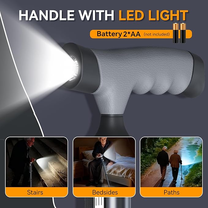 Walking Cane with LED Light for Seniors Men Women, Adjustable Folding Canes for Elderly, Ergonomic Handle & All Terrain Shock Absorbing Base, Walking Sticks for Indoor Outdoor Travel Hiking Support