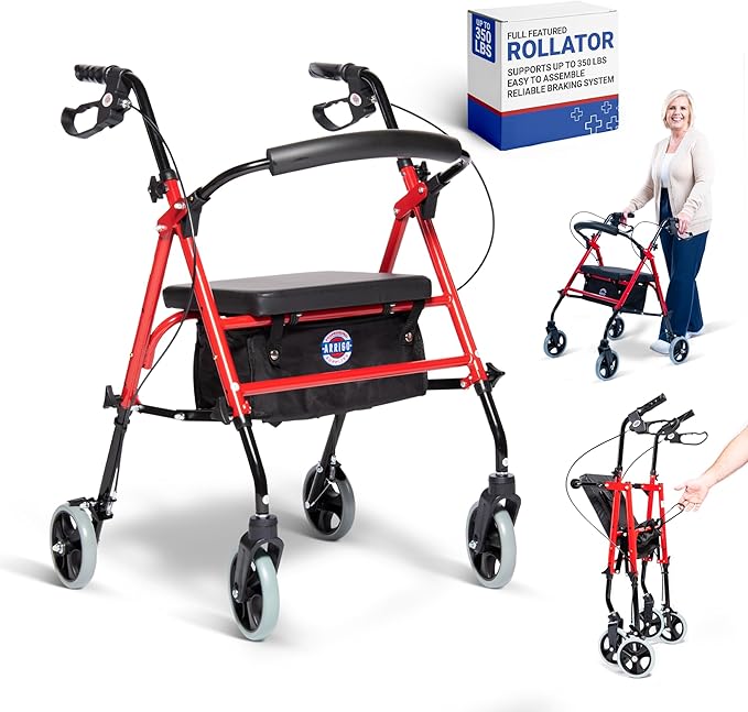 Arrigo Rollator Walker with Large Cushioned Seat – Folding 4-Wheel Steel Rolling Walker with Brakes, Soft Backrest & Zippered Storage – Smooth Ride, Adjustable Height, Supports up to 350 lbs
