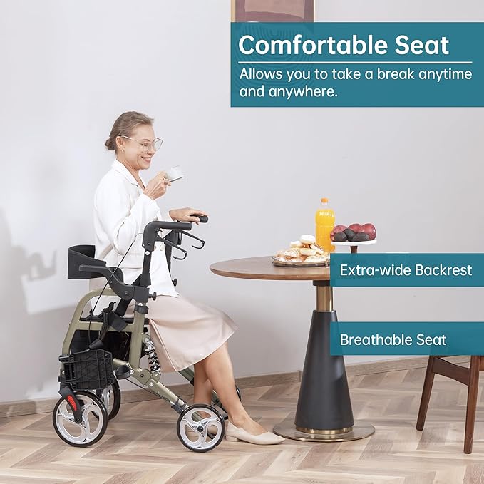 ELENKER 2 in 1 Rollator Walker & Transport Chair for Seniors, Folding Rolling Walker Wheelchair Combo with Wide Seat and Shock Absorber, Champagne