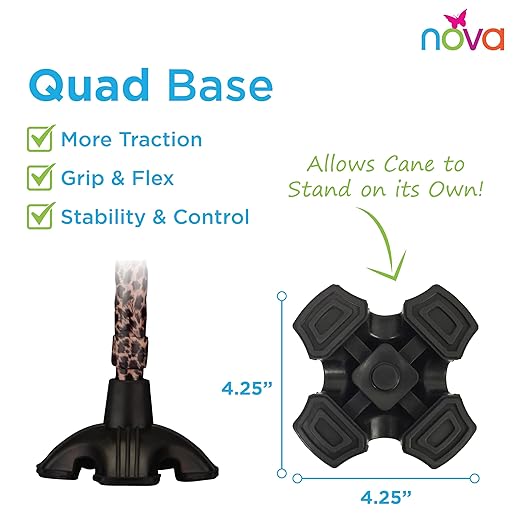 Nova Joy Designer Offset Quad Cane for Seniors - Unisex Adjustable Lightweight Walking Aid with Foam Handle, Wrist Strap and Anti-Rattle Lock - Essential Mobility Support - Leopard